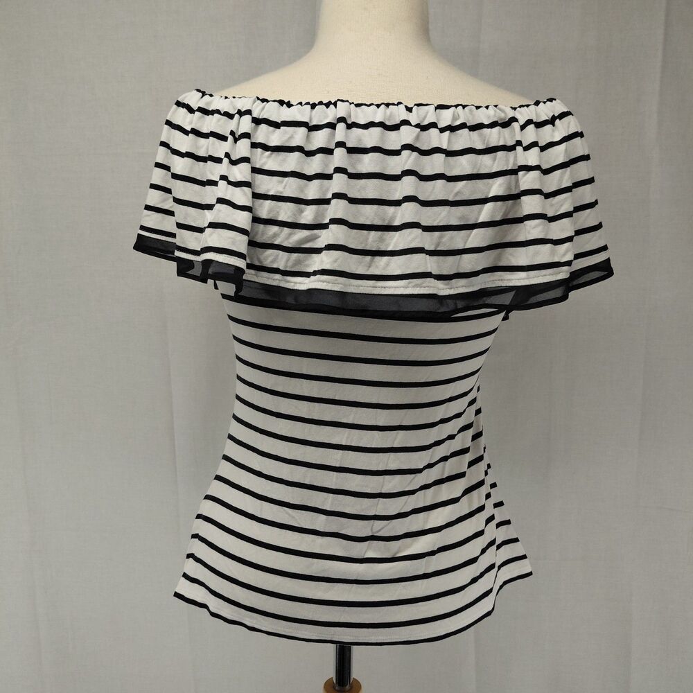 White House Black Market Off the Shoulder Navy & White Stripe Ruffled Top Sz M - Picture 5 of 7